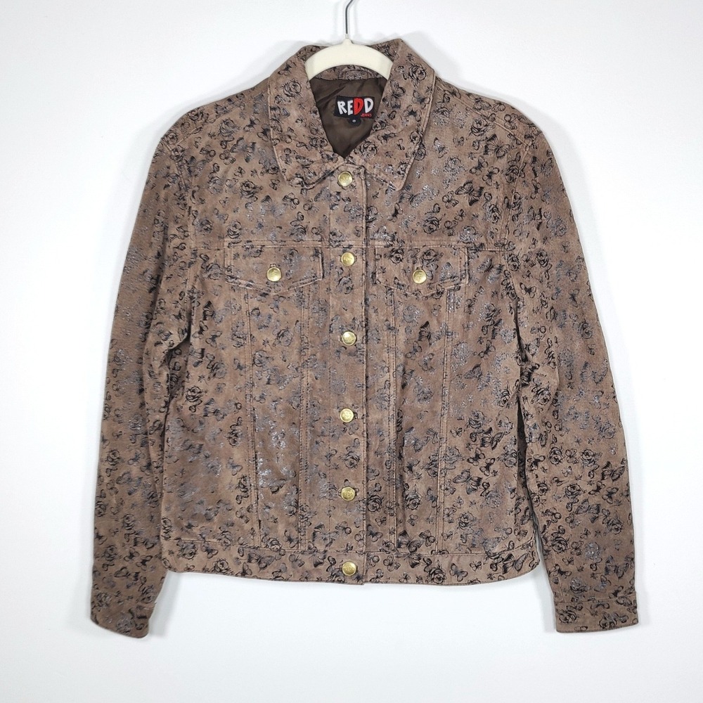 REDD Jeans Womens 8 Suede Leather Floral Butterfly Jacket Brown Y2K Whimsigoth